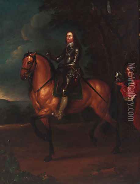 An equestrian portrait of Charles I (1600-1649), small full-length, on a bay horse, with his page, in a wooded landscape Oil Painting - Sir Anthony Van Dyck
