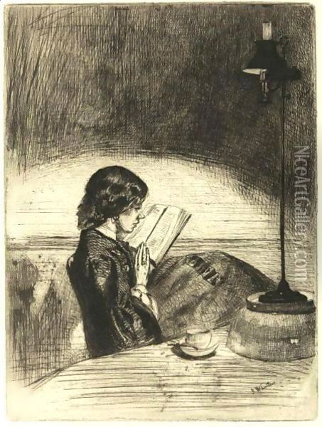 Reading By Lamplight Oil Painting - James Abbott McNeill Whistler