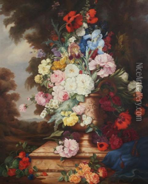 Floral Still Life In Grecian Urn Oil Painting - K Bartle