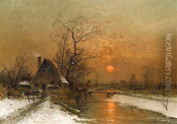Winterabend Oil Painting - Heinz Flockenhaus