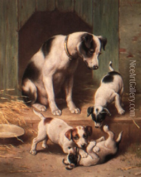 Puppies At Play Oil Painting - Carl Reichert