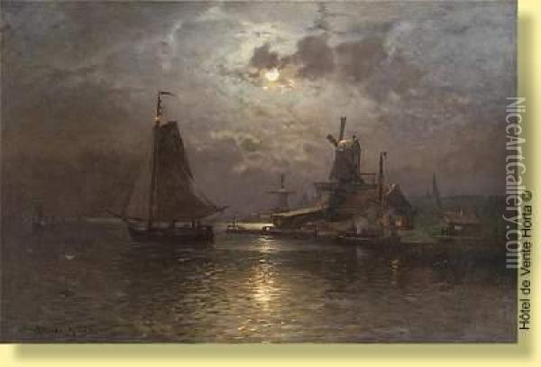 Lever De Lune Sur L'estuaire Oil Painting - Heinrich Petersen-Angeln