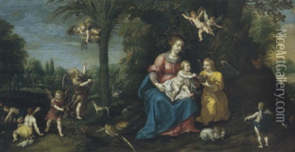 Maria Mit Kind In Einer Landschaft Mit Engeln Und Tieren Oil Painting - Marten Pepyn