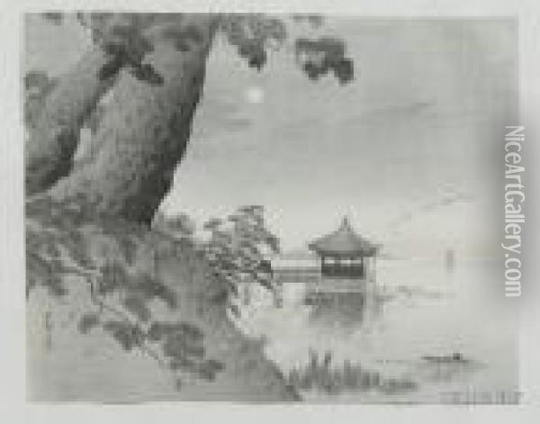 Pines Beside A Moonlit Bay Oil Painting - Ohara Koson