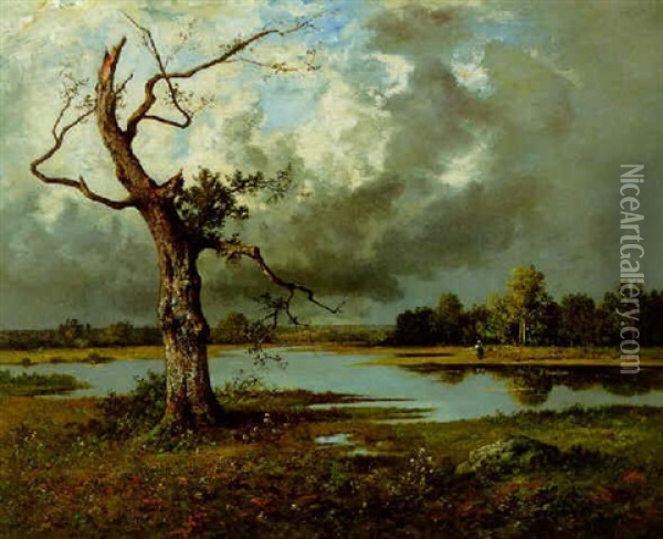 A Marshy Landscape Oil Painting - Leon Richet
