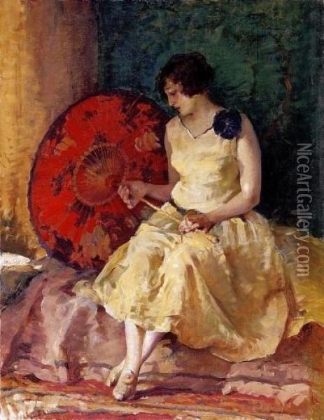 Woman With A Red Umbrella Oil Painting - Bertalan Vigh