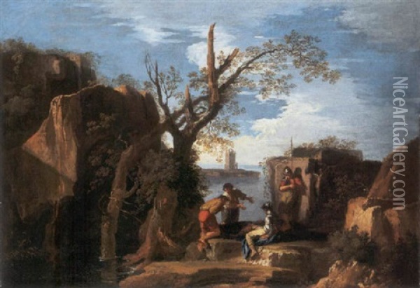 A Rocky Coastal Landscape With Soldiers And Peasants Oil Painting - Andrea Locatelli