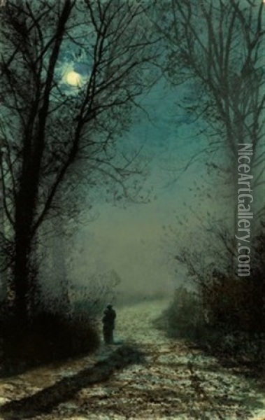 Lovers On A Moonlit Lane Oil Painting - John Atkinson Grimshaw