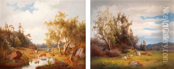 Pastoralt Landskap Med Kor (pair) Oil Painting - Carl Abraham Rothsten