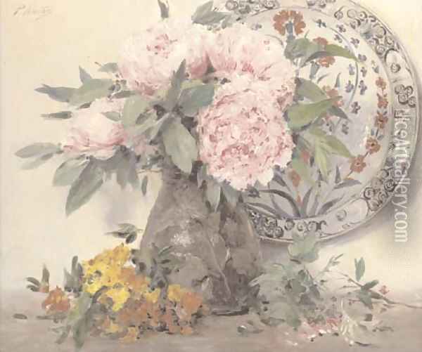 Peonies in a vase with an ornamental plate Oil Painting - Paul Mathey