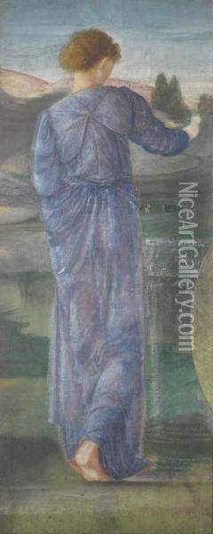 A Female Figure In A Landscape Oil Painting - Sir Edward Coley Burne-Jones