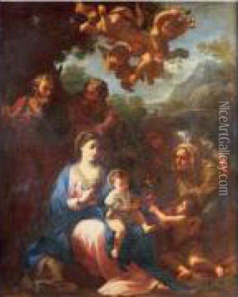 Sainte Famille Entouree De 
Sainte Elisabeth, Saint Jean Baptiste, Sainte Anne Et Saint Joachim Oil Painting - Luigi Garzi