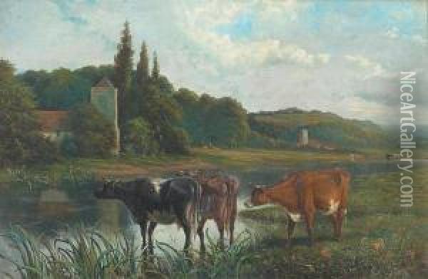 Cattle Watering, Church Beyond And Another In The Distance Oil Painting - Joseph Clark