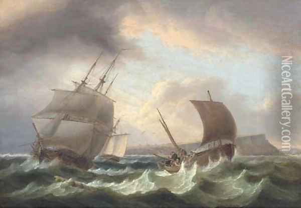 A frigate running out to sea, with a cutter astern of her and a fishing boat off to port Oil Painting - Thomas Luny