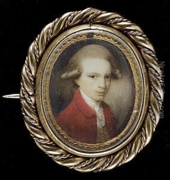 A Gentleman, Wearing Red Coat, 
Ochre Waistcoat And White Cravat, His Hair Powdered And Worn Oil Painting - Ozias Humphrey
