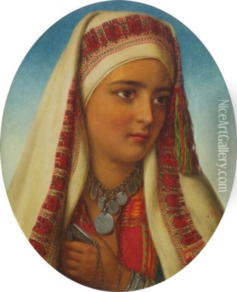 Portrait Of A North African Girl, Head And Shoulders In Traditional Dress Oil Painting - William Gale