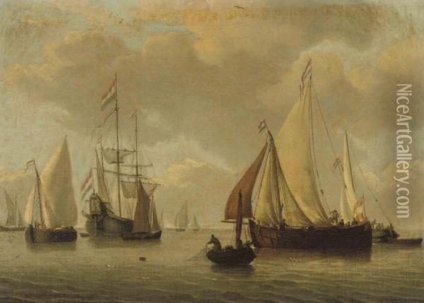 Fishing Vessels And A Two Master In Calm Waters Oil Painting - Regnier Remigius Zeeman /