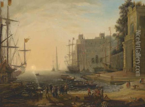 A Capriccio Of A Mediterranean Port With The Villa Medici Oil Painting - Claude Lorrain (Gellee)