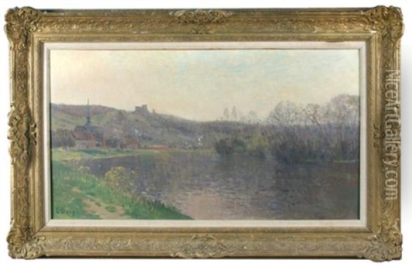 River Landscape With Castle And Church Oil Painting - Jean Eugene Clary