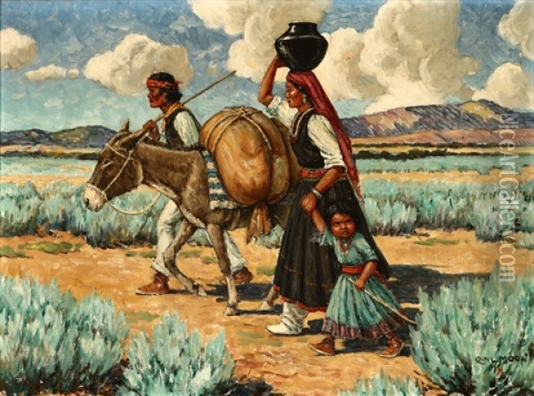 Early Morning, Santa Clara Indians, Indian Family With Burro Oil Painting - Carl Moon