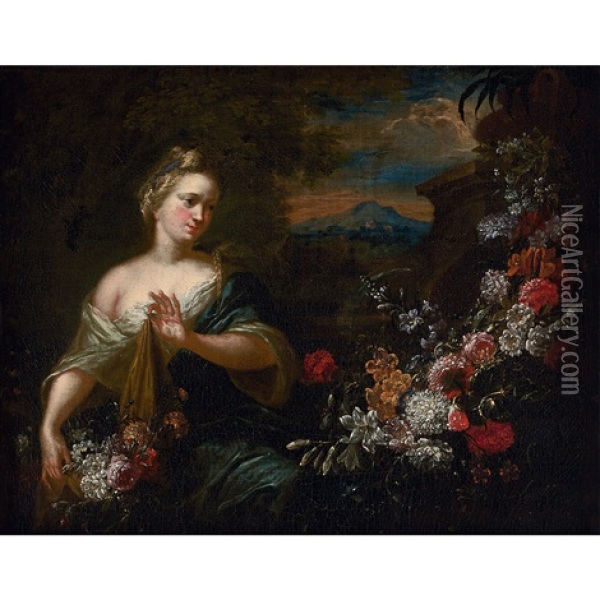 Jeune Femme Tenant Une Guirlande De Fleurs Dans Un Paysage Oil Painting - Gaspar Pieter Verbruggen the Younger
