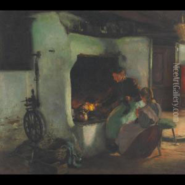 Knitting By The Fire Oil Painting - Hermann Seeger