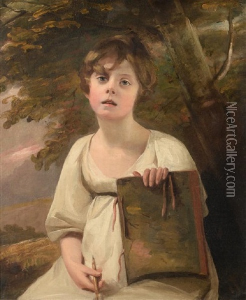 Portrait Of A Young Girl, Half Length Holding A Pencil And Sketch Book Oil Painting - Sir Henry Raeburn