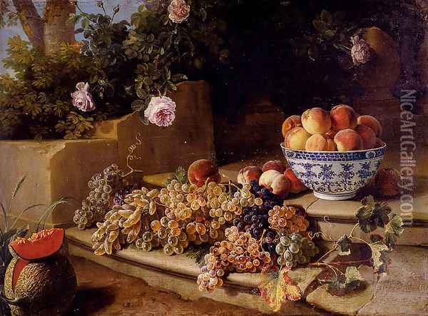 Still Life Of Grapes, Peaches In A Blue And White Porcelain Bowl And A Melon, Resting On A Stone Stairway Oil Painting - Alexandre-Francois Desportes