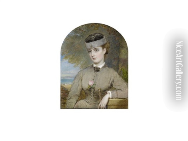 Bessie Florence Floss Scarlett Nee Gibson (1851-1934), Standing Before A Sandy Beach And Wearing Fawn Dress Over White Chemise And Brown Ribbon Tie, A Pink Rose At Her Corsage Oil Painting - Reginald Easton