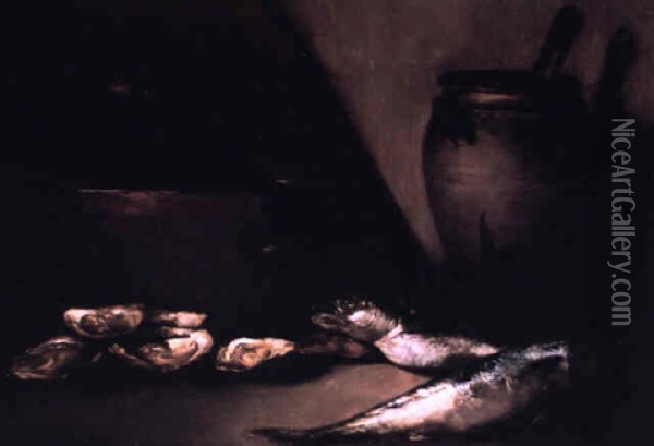 Still Life With Oysters And Fish Oil Painting - Theodule Ribot