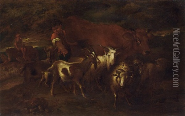 An Extensive Landscape With A Young Neatherd With His Livestock Oil Painting - Francesco Castiglione