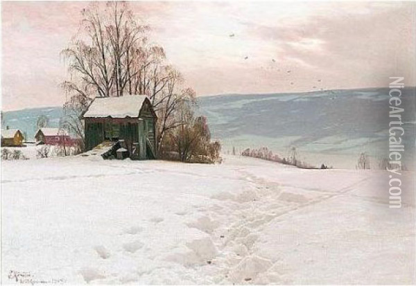 Lillehammer, Vinter (snow Landscape, Lillehammer) Oil Painting - Peder Mork Monsted