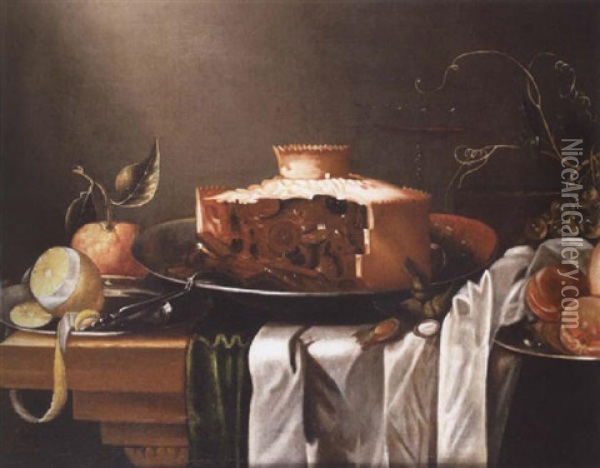 A Pie On A Silver Dish With A Partially Peeled Lemon, Oranges And Cobb Nuts On A Draped Table Oil Painting - Cornelis Cruys