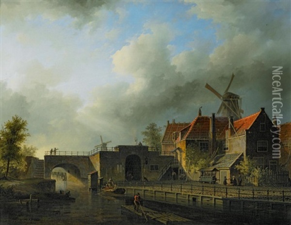 Hollandische Kanallandschaft Mit Windmuhle Oil Painting - Hermann Henry Op der Heijde