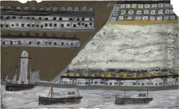 Ships And Lighthouse, Houses Oil Painting - Alfred Wallis