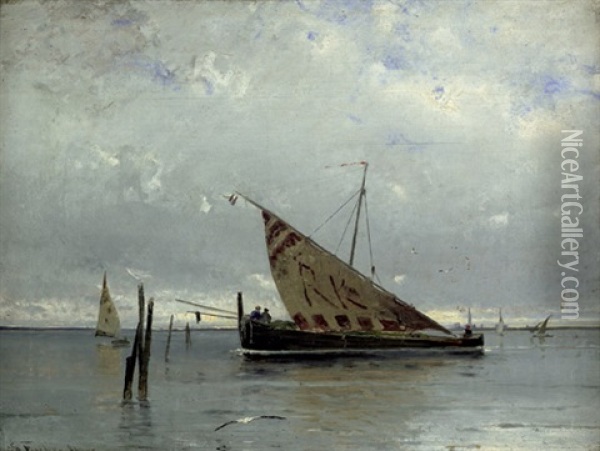 Venezianisches Marktboot In Der Lagune Vor Venedig Oil Painting - Eduard Fischer