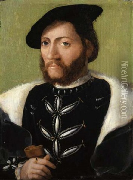Portrait Of A Bearded Gentleman In A Black Velvet Doublet With A Fur-lined Cloak And Black Cap, Holding A Glove In His Right Hand Oil Painting -  Corneille de Lyon