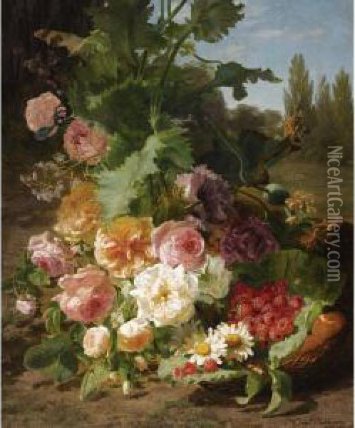 A Still Life With Roses, Daisies, Raspberries And Peaches In Alandscape Oil Painting - Geraldine Jacoba Van De Sande Bakhuyzen