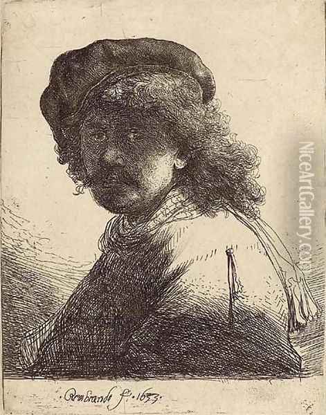 Self-Portrait in a Cap and Scarf with Face dark Bust Oil Painting - Rembrandt Van Rijn