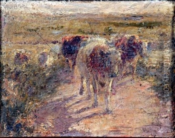 Cows In Landscape Oil Painting - Harry Fidler