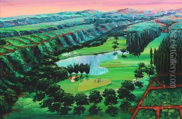 Golf Course Greens,
 Signed And Dated '90 Lower Right. Acrylic On Plexiglass 
- 24 In. X 36 In Oil Painting - Bret Hayes