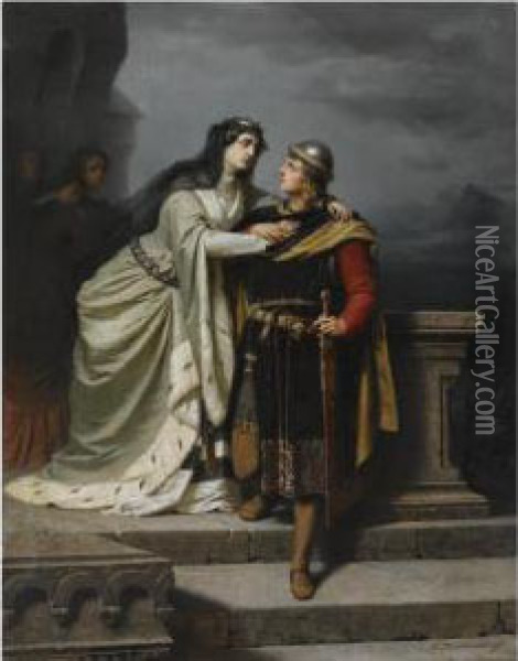 Queen Guinevere Bidding Farewell To Sir Lancelot Oil Painting - Emil Teschendorff