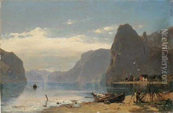 Fjordlandschaft Mit Fischern Oil Painting - Georg Anton Rasmussen