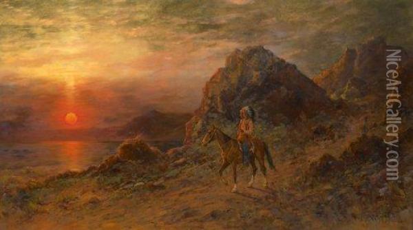 Indian Chief At Sunset Oil Painting - Henry Raschen