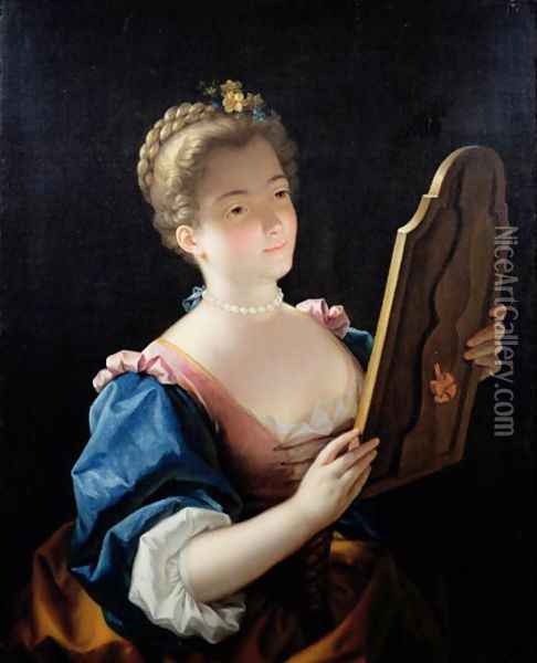 A Lady at her Mirror, c.1720s Oil Painting - Jean Raoux