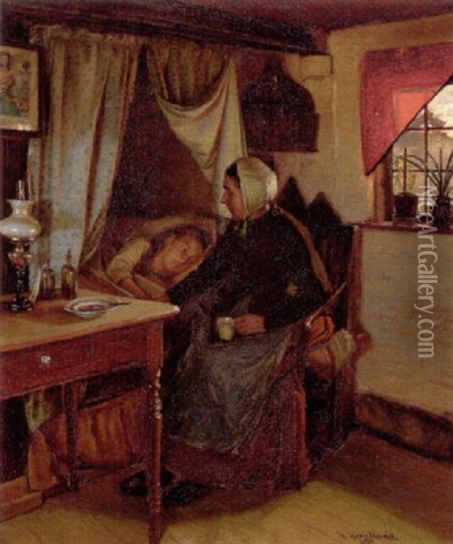En Mor Ved Datterens Sygeseng Oil Painting - Hans Andreasen Hessellund