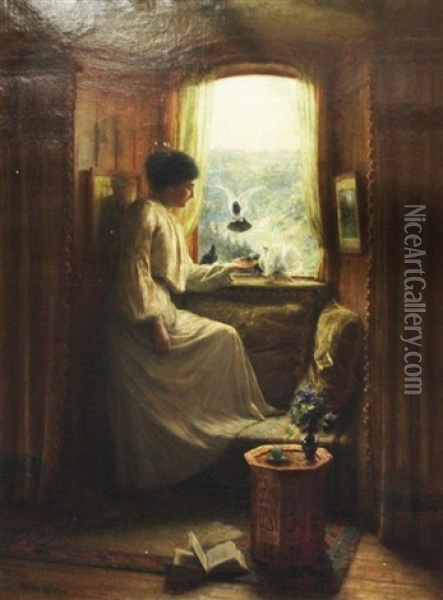 Interior With Lady Feeding Doves On A Window Sill Oil Painting - Arthur Wasse