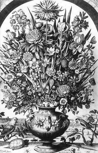 Flower Piece with Birds 1599 Oil Painting - Hendrik I Hondius