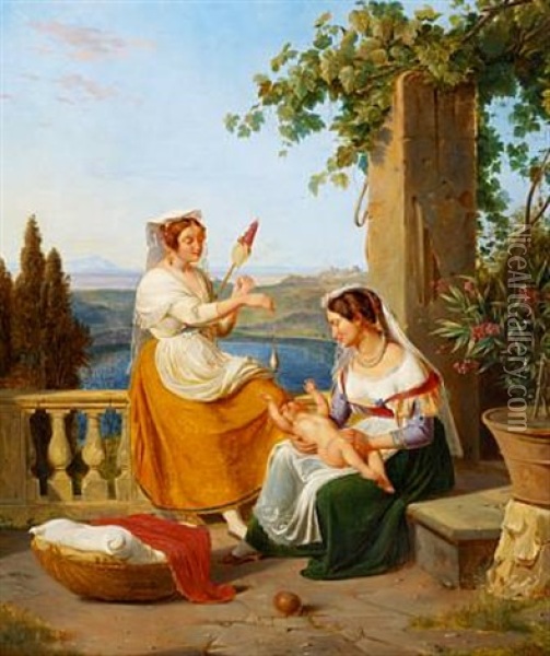 Two Young Italian Women Playing With An Infant On A Terrace Oil Painting - Albert Kuchler