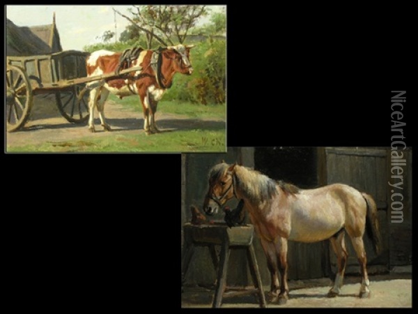 Das Ochsengespann (+ Das Pferd Vor Der Stallung, Oil On Cardboard; Pair) Oil Painting - Willem Carel Nakken